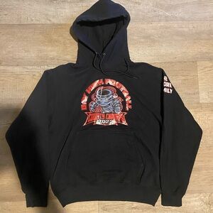 Black Graphic Hoodie with Red Accents Size Medium.